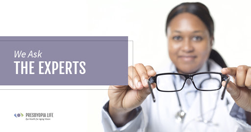 Text: We ask the experts to the left next to a blurred female doctor holding out glasses.